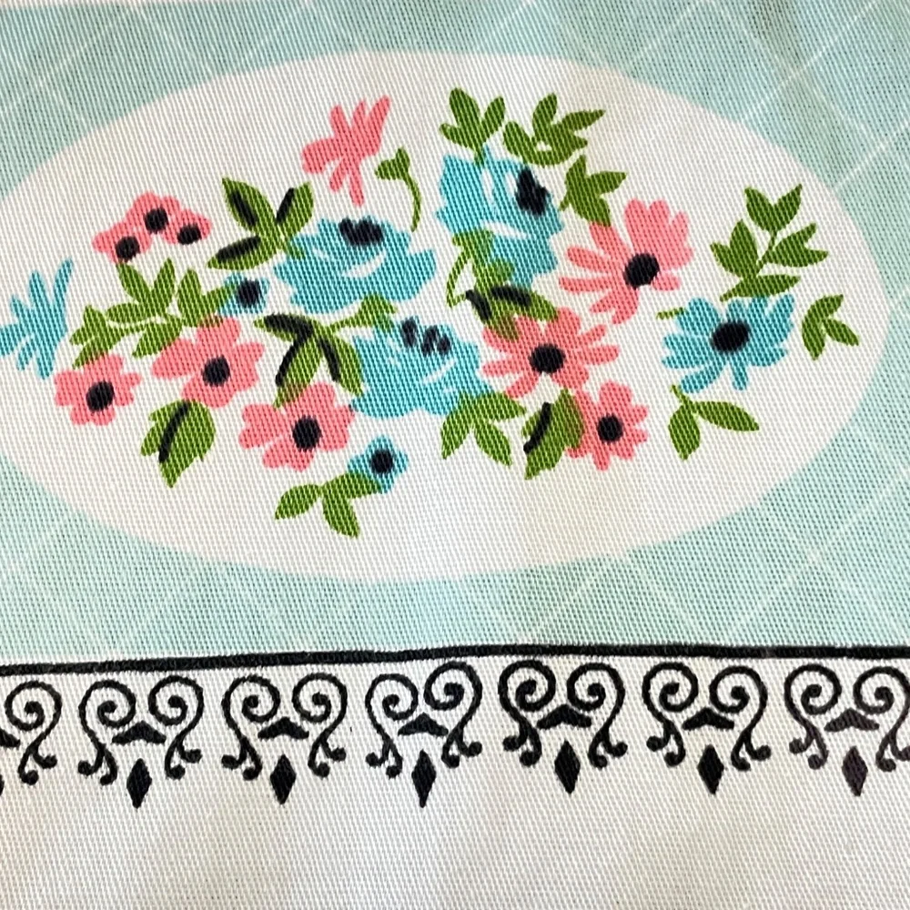 Vintage Cotton Printed MC Tablecloth Aqua Pink Black Green 52